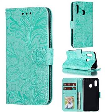 Intricate Embossing Lace Jasmine Flower Leather Wallet Case for Samsung Galaxy A20e - Green