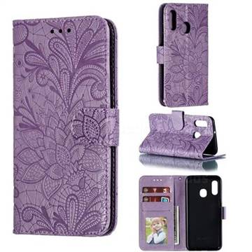 Intricate Embossing Lace Jasmine Flower Leather Wallet Case for Samsung Galaxy A20e - Purple