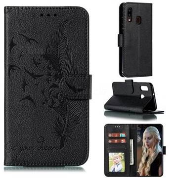 Intricate Embossing Lychee Feather Bird Leather Wallet Case for Samsung Galaxy A20e - Black