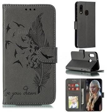 Intricate Embossing Lychee Feather Bird Leather Wallet Case for Samsung Galaxy A20e - Gray