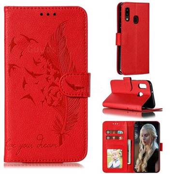 Intricate Embossing Lychee Feather Bird Leather Wallet Case for Samsung Galaxy A20e - Red