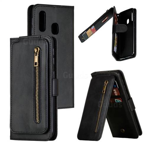 Multifunction 9 Cards Leather Zipper Wallet Phone Case for Samsung Galaxy A20e - Black