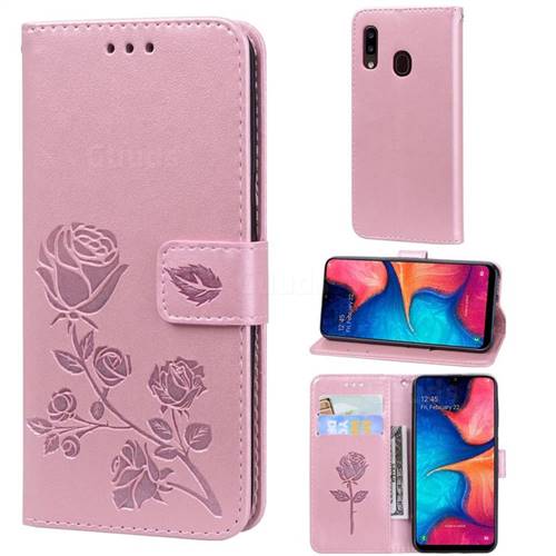Embossing Rose Flower Leather Wallet Case for Samsung Galaxy A20e - Rose Gold