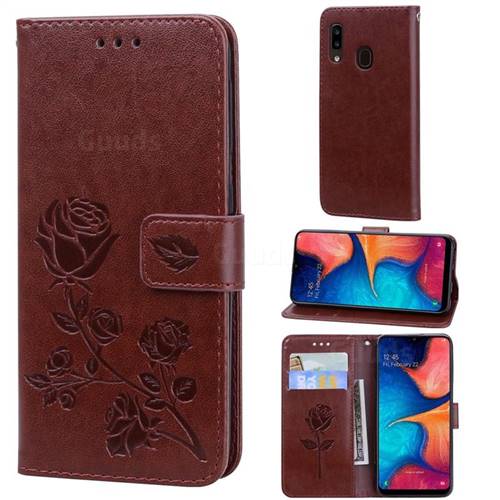 Embossing Rose Flower Leather Wallet Case for Samsung Galaxy A20e - Brown