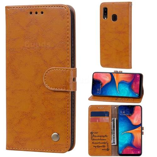 Luxury Retro Oil Wax PU Leather Wallet Phone Case for Samsung Galaxy A20e - Orange Yellow