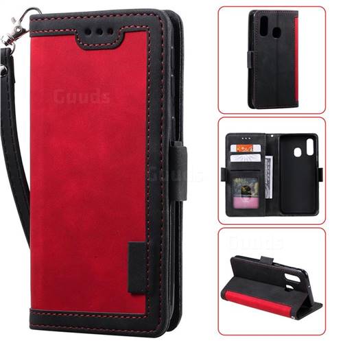 Luxury Retro Stitching Leather Wallet Phone Case for Samsung Galaxy A20e - Deep Red