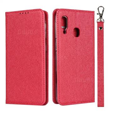 Ultra Slim Magnetic Automatic Suction Silk Lanyard Leather Flip Cover for Samsung Galaxy A20e - Red