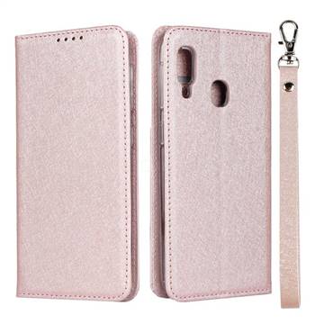 Ultra Slim Magnetic Automatic Suction Silk Lanyard Leather Flip Cover for Samsung Galaxy A20e - Rose Gold