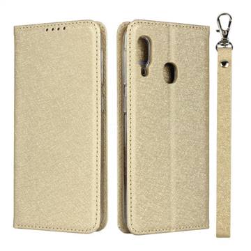 Ultra Slim Magnetic Automatic Suction Silk Lanyard Leather Flip Cover for Samsung Galaxy A20e - Golden