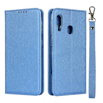 Ultra Slim Magnetic Automatic Suction Silk Lanyard Leather Flip Cover for Samsung Galaxy A20e - Sky Blue