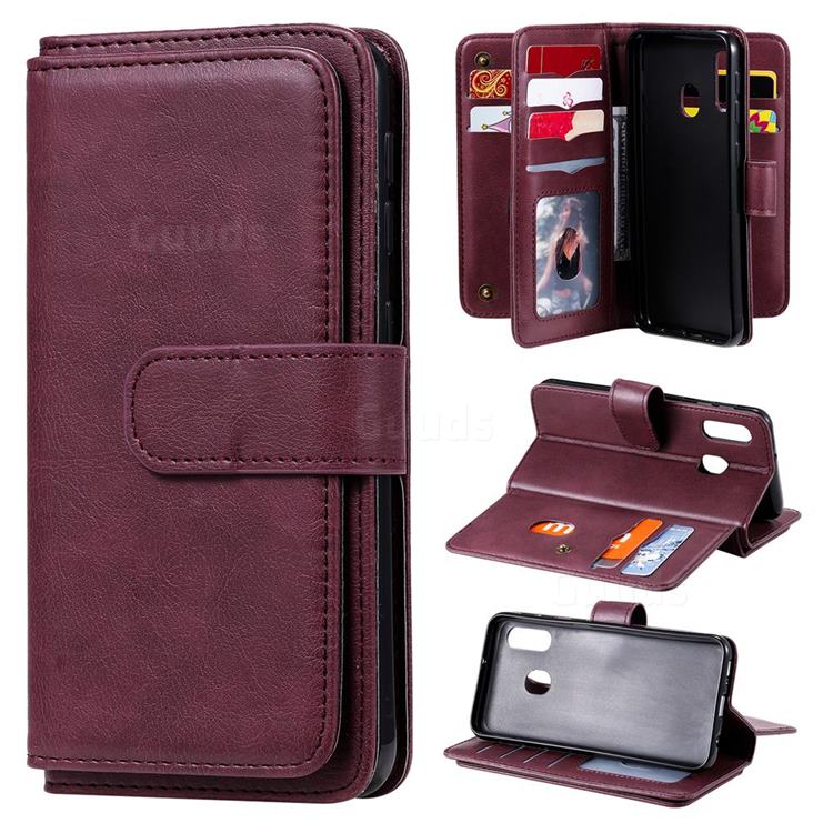 Multi-function Ten Card Slots and Photo Frame PU Leather Wallet Phone Case Cover for Samsung Galaxy A20e - Claret