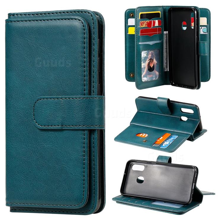 Multi-function Ten Card Slots and Photo Frame PU Leather Wallet Phone Case Cover for Samsung Galaxy A20e - Dark Green