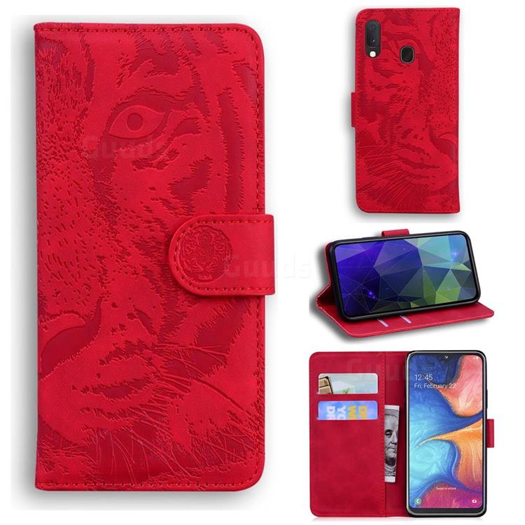 Intricate Embossing Tiger Face Leather Wallet Case for Samsung Galaxy A20e - Red