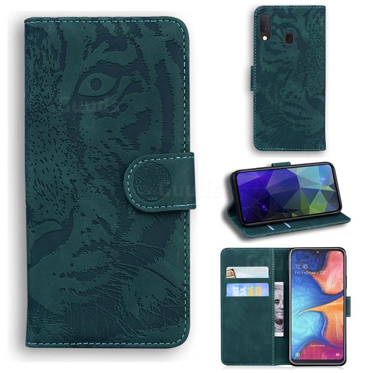 Intricate Embossing Tiger Face Leather Wallet Case for Samsung Galaxy A20e - Green