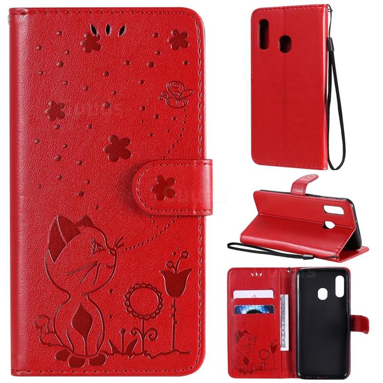 Embossing Bee and Cat Leather Wallet Case for Samsung Galaxy A20e - Red