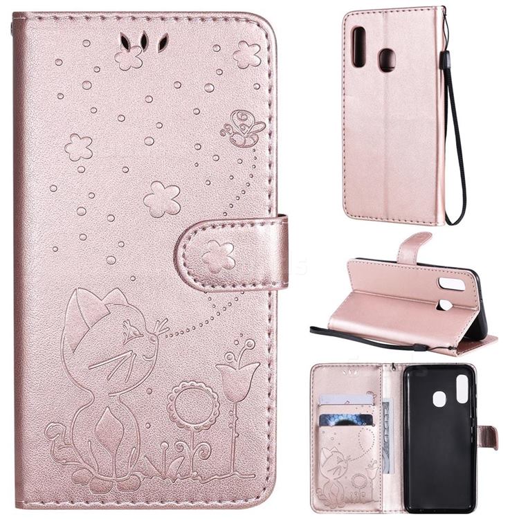 Embossing Bee and Cat Leather Wallet Case for Samsung Galaxy A20e - Rose Gold