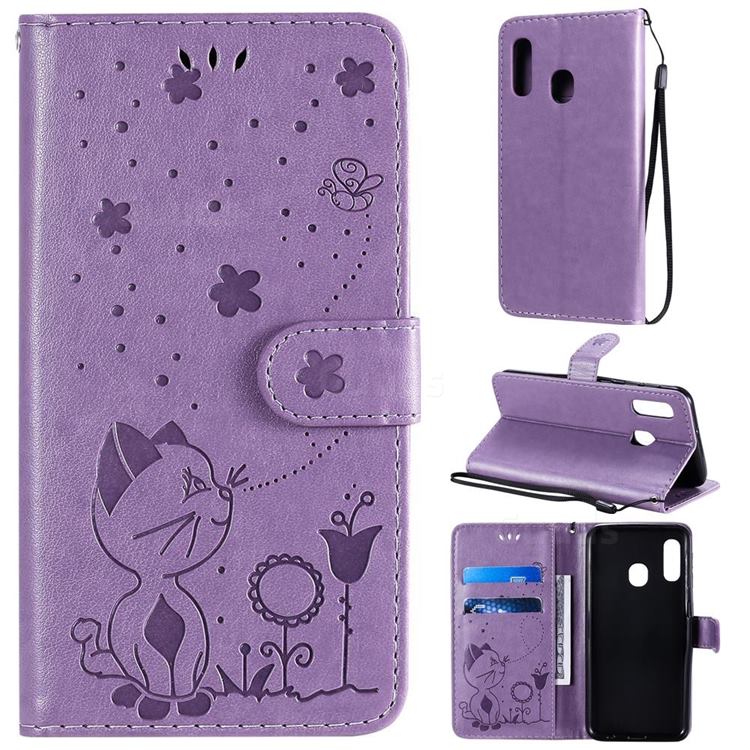 Embossing Bee and Cat Leather Wallet Case for Samsung Galaxy A20e - Purple