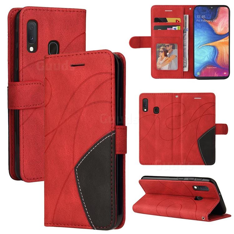 Luxury Two-color Stitching Leather Wallet Case Cover for Samsung Galaxy A20e - Red