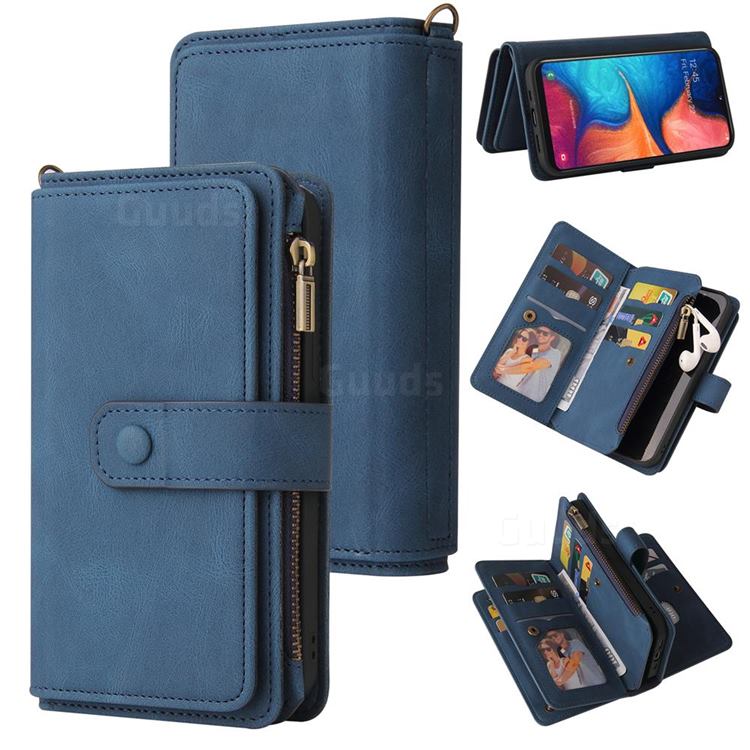 Luxury Multi-functional Zipper Wallet Leather Phone Case Cover for Samsung Galaxy A20e - Blue
