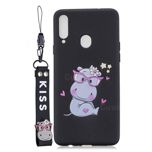 Black Flower Hippo Soft Kiss Candy Hand Strap Silicone Case for Samsung Galaxy A20s