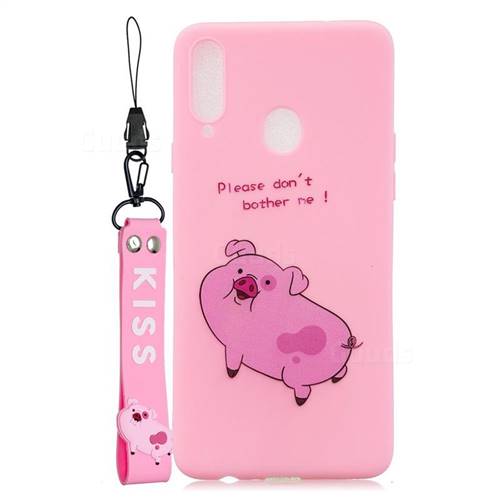 Pink Cute Pig Soft Kiss Candy Hand Strap Silicone Case for Samsung Galaxy A20s