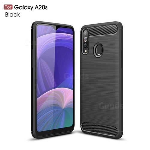 Luxury Carbon Fiber Brushed Wire Drawing Silicone TPU Back Cover for Samsung Galaxy A20s - Black
