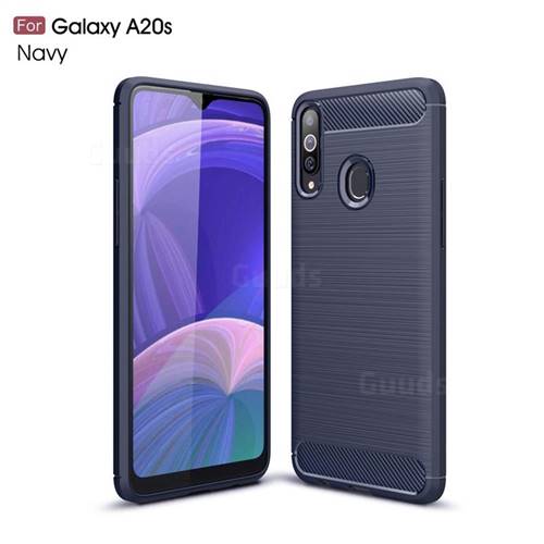 Luxury Carbon Fiber Brushed Wire Drawing Silicone TPU Back Cover for Samsung Galaxy A20s - Navy