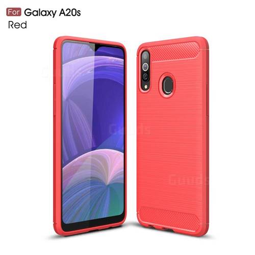 Luxury Carbon Fiber Brushed Wire Drawing Silicone TPU Back Cover for Samsung Galaxy A20s - Red