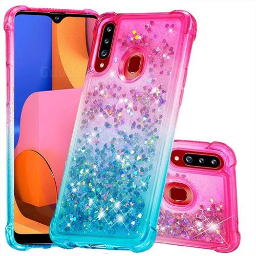 Rainbow Gradient Liquid Glitter Quicksand Sequins Phone Case for Samsung Galaxy A20s - Pink Blue
