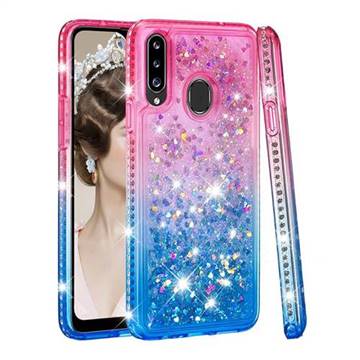 Diamond Frame Liquid Glitter Quicksand Sequins Phone Case for Samsung Galaxy A20s - Pink Blue