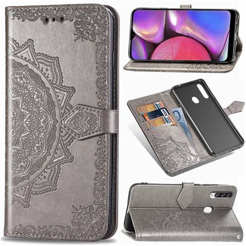 Embossing Imprint Mandala Flower Leather Wallet Case for Samsung Galaxy A20s - Gray