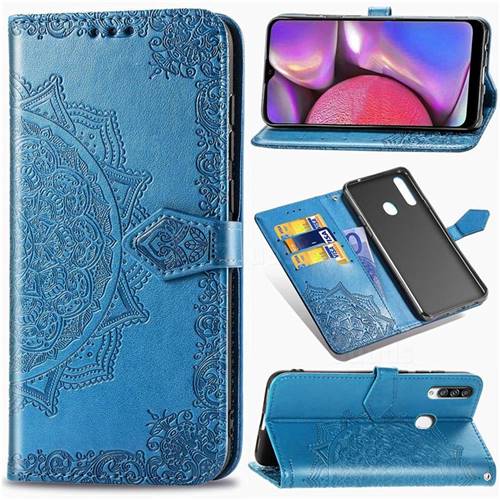 Embossing Imprint Mandala Flower Leather Wallet Case for Samsung Galaxy A20s - Blue