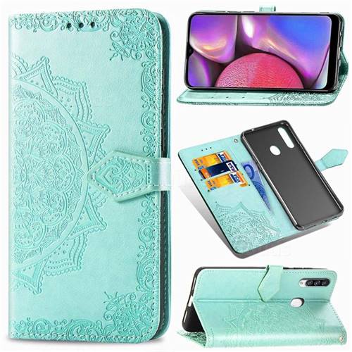 Embossing Imprint Mandala Flower Leather Wallet Case for Samsung Galaxy A20s - Green