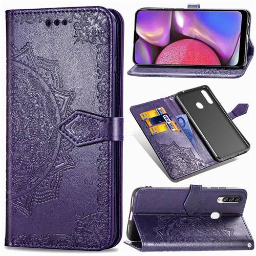 Embossing Imprint Mandala Flower Leather Wallet Case for Samsung Galaxy A20s - Purple