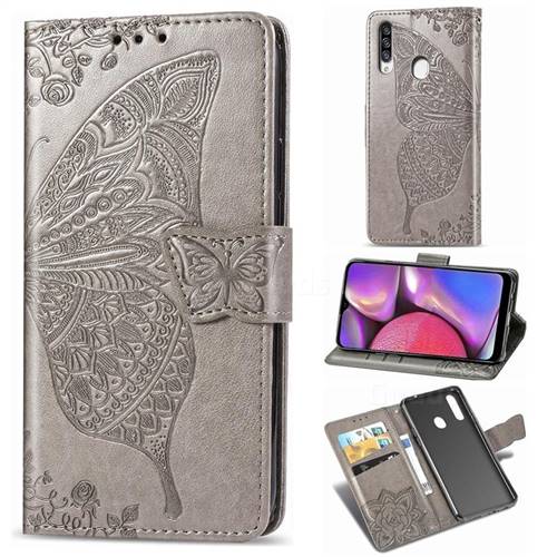 Embossing Mandala Flower Butterfly Leather Wallet Case for Samsung Galaxy A20s - Gray