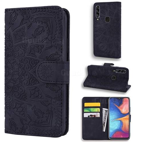 Retro Embossing Mandala Flower Leather Wallet Case for Samsung Galaxy A20s - Black