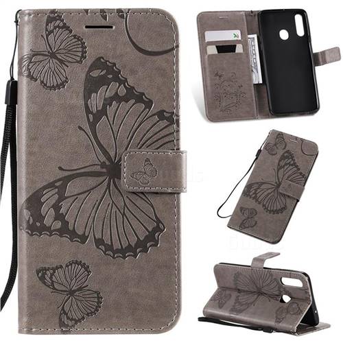 Embossing 3D Butterfly Leather Wallet Case for Samsung Galaxy A20s - Gray