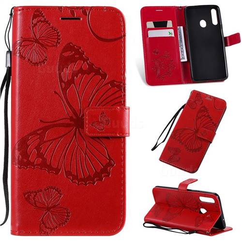 Embossing 3D Butterfly Leather Wallet Case for Samsung Galaxy A20s - Red