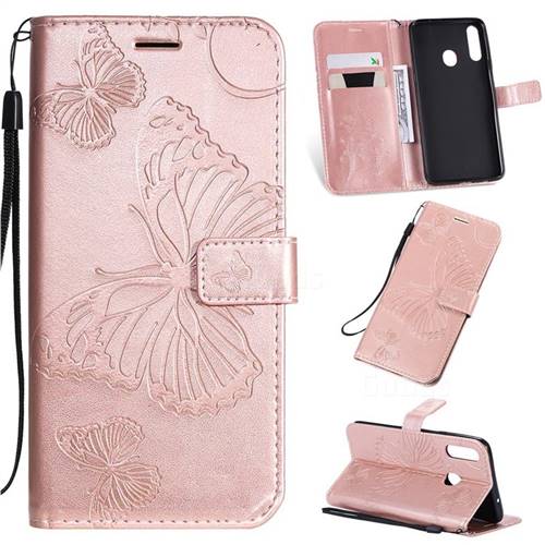 Embossing 3D Butterfly Leather Wallet Case for Samsung Galaxy A20s - Rose Gold