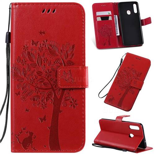 Embossing Butterfly Tree Leather Wallet Case for Samsung Galaxy A20s - Red