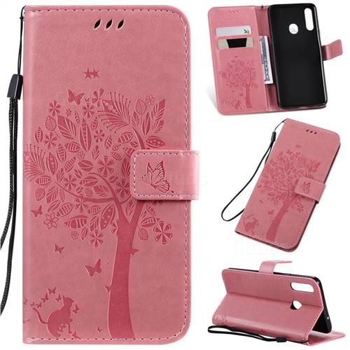 Embossing Butterfly Tree Leather Wallet Case for Samsung Galaxy A20s - Pink