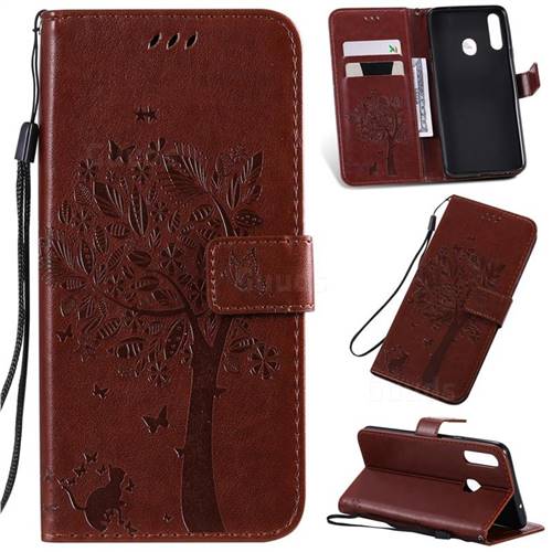 Embossing Butterfly Tree Leather Wallet Case for Samsung Galaxy A20s - Coffee