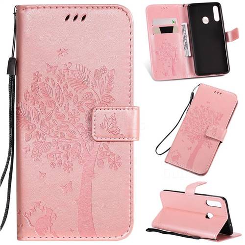 Embossing Butterfly Tree Leather Wallet Case for Samsung Galaxy A20s - Rose Pink