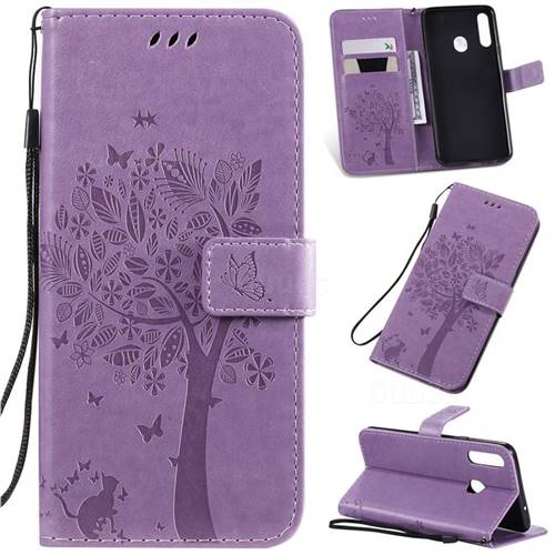 Embossing Butterfly Tree Leather Wallet Case for Samsung Galaxy A20s - Violet