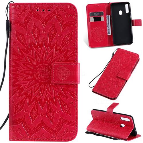 Embossing Sunflower Leather Wallet Case for Samsung Galaxy A20s - Red