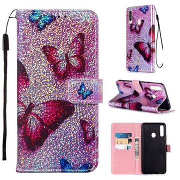 Blue Butterfly Sequins Painted Leather Wallet Case for Samsung Galaxy A20s