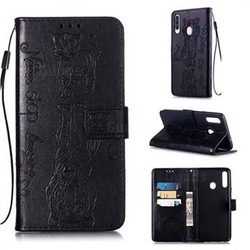 Embossing Tiger and Cat Leather Wallet Case for Samsung Galaxy A20s - Black