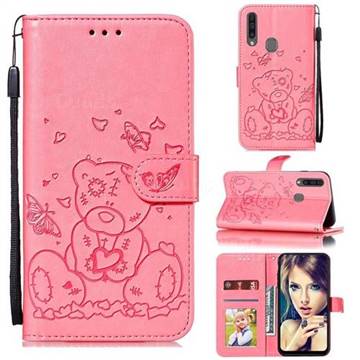 Embossing Butterfly Heart Bear Leather Wallet Case for Samsung Galaxy A20s - Pink