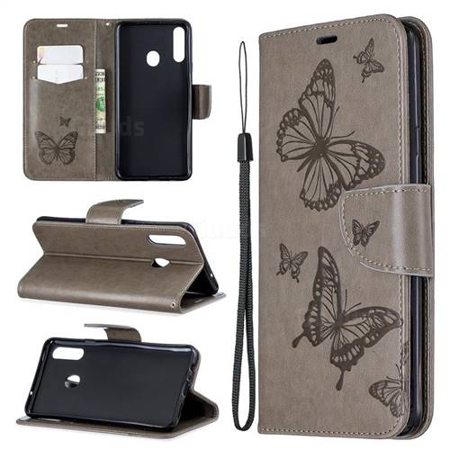 Embossing Double Butterfly Leather Wallet Case for Samsung Galaxy A20s - Gray