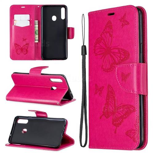 Embossing Double Butterfly Leather Wallet Case for Samsung Galaxy A20s - Red